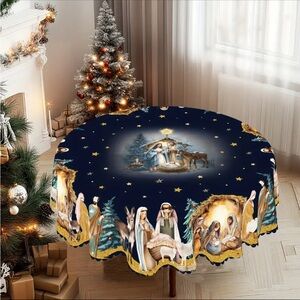 Christmas Nativity Scene Fabric Round 60” Tablecloth Catholic Christmas NIP
